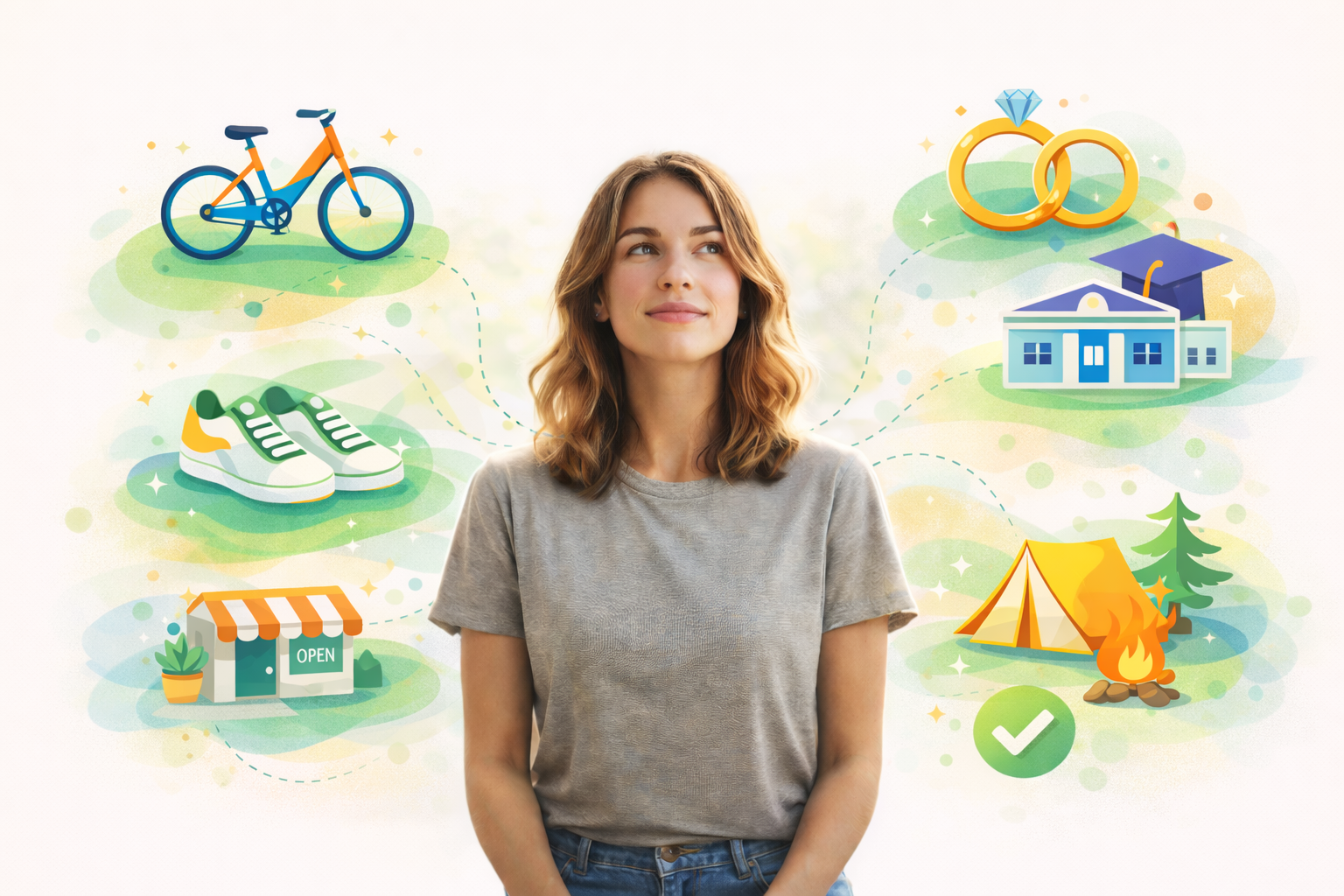 A person imagining many small goals, from bikes to school